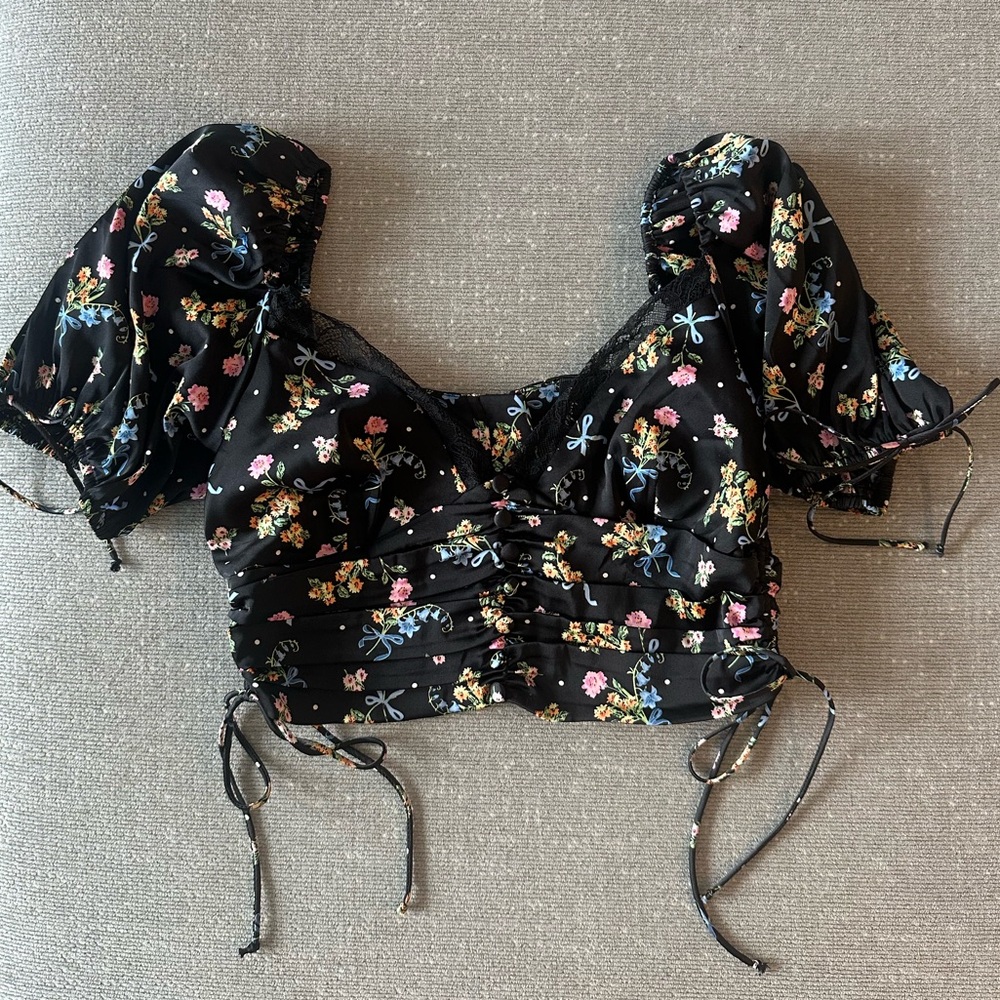 For Love And Lemons Black Floral Puff Sleeve Blouse